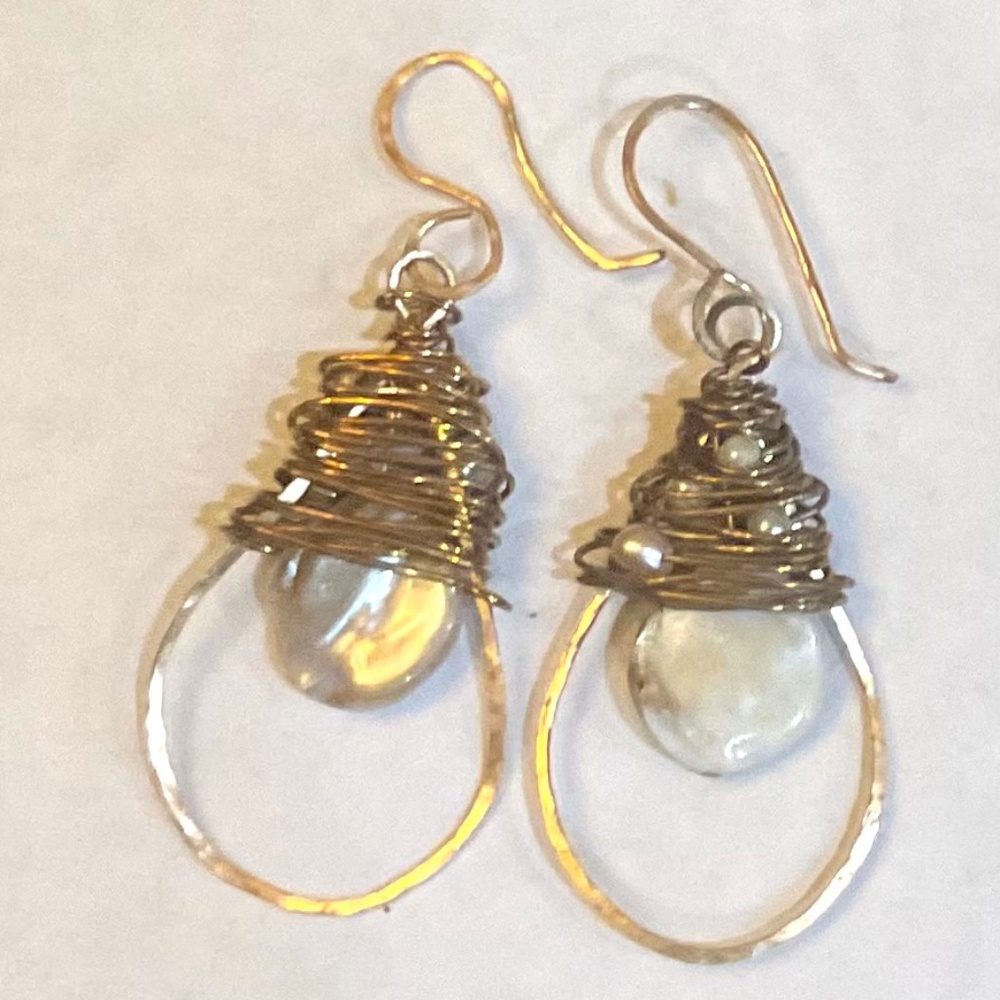 Wire Wrapped Gold and Flat Pearl Earrings